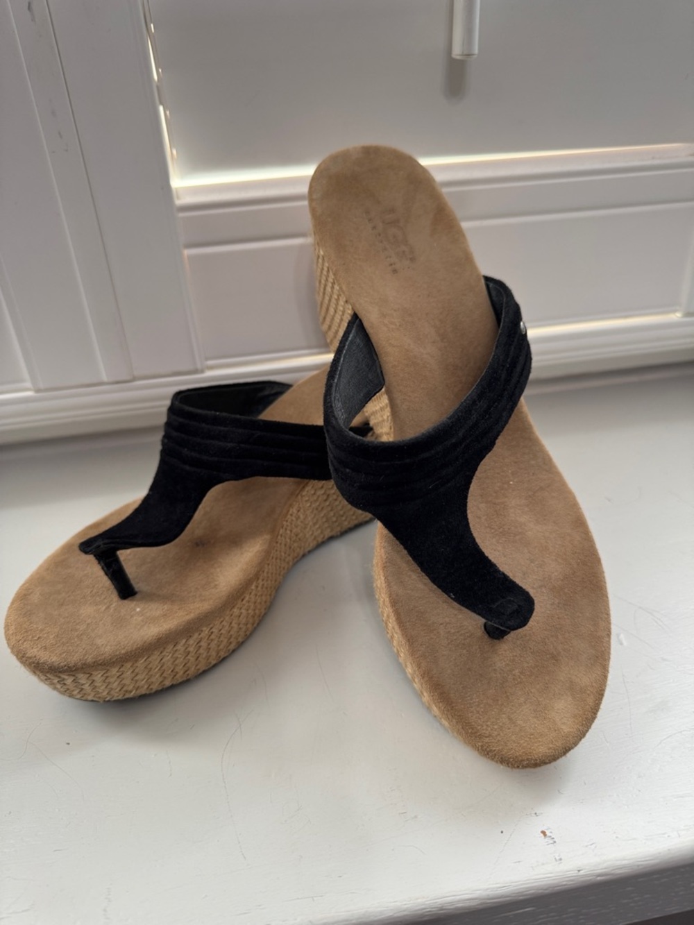 UGG Black Suede Wedge Thong Sandals with Tan Platform - Picture 2 of 6